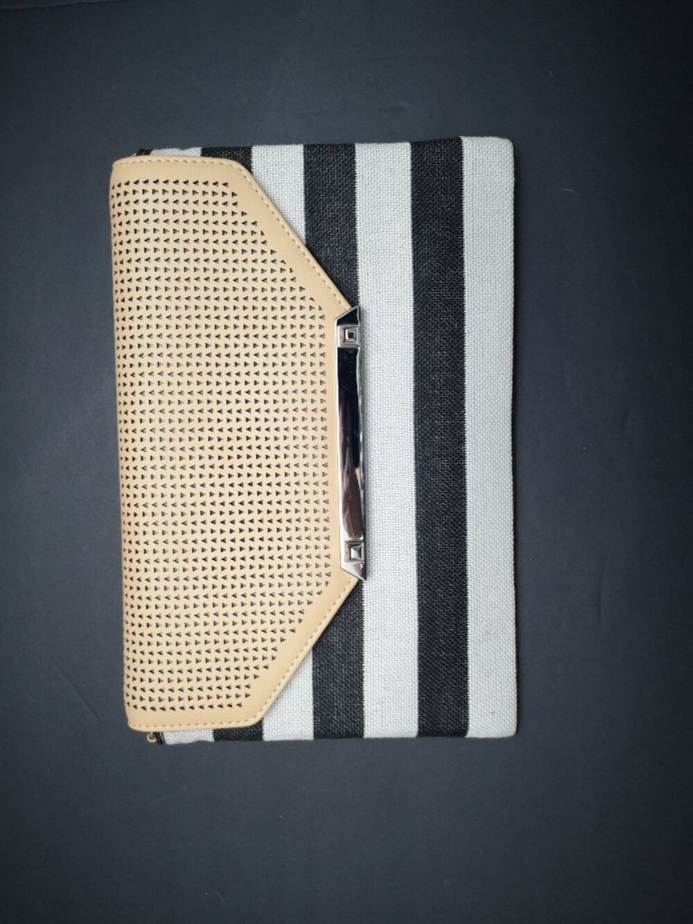 Stella & Dot Lined Black & Grey Stripes w/ Tan Perforated Flap Clutch